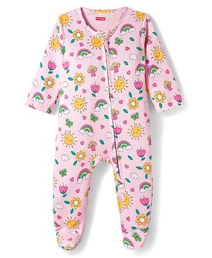 Babyhug Cotton Knit Full Sleeves Footed Sleepsuit With Floral Print - Light Pink
