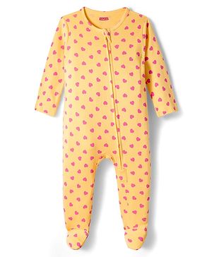 Babyhug Cotton Knit Full Sleeves Footed Sleepsuit With Heart Print - Yellow