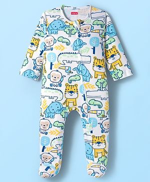 Babyhug Cotton Knit Full Sleeves Footed Sleepsuit With Animal Print - White