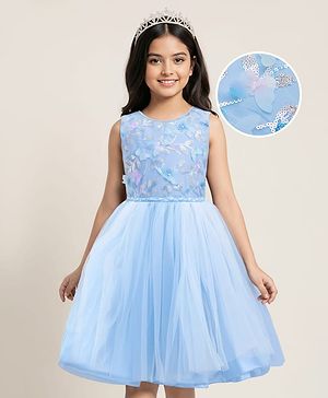 Pine Kids Woven Sleeveless Party Dress With Butterfly Applique & Sequin Detailing - Blue