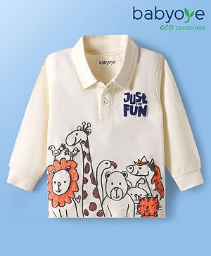 Babyoye Cotton Knit Full Sleeves Polo T-Shirt With Animal Print - Beige
