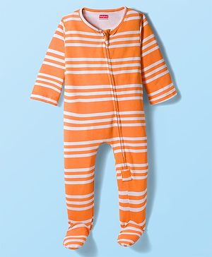 Babyhug Cotton Knit Full Sleeves Footed Sleep Suit with Stripes - Orange
