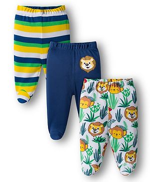 Babyhug Cotton Knit Bootie Leggings with Stripes & Animal Print Pack of 3 - Navy Blue & Yellow