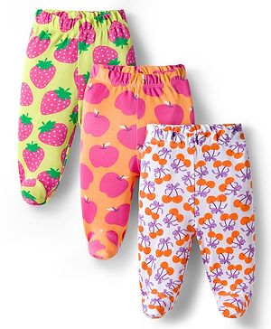 Babyhug Cotton Knit Footed Bootie Leggings with Fruits Print Pack of 3 - Light Green White & Orange