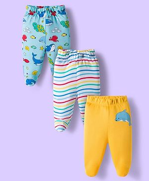 Babyhug Cotton Knit Striped & Sea Animals Printed Bootie Leggings Pack of 3 - Yellow Light Blue & White