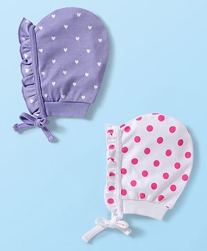 Babyhug 100% Cotton Knit Polka Dot & Heart Printed Bonnet Cap Pack of 2 Lilac & White - Diameter 16 cm