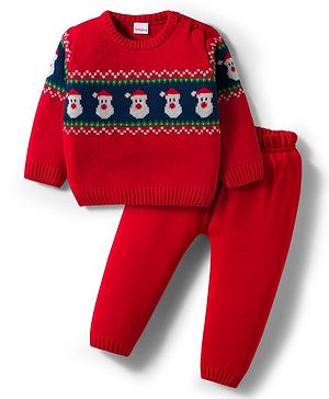 Babyhug Knitted Full Sleeves Sweater Set With Santa Claus Design - Red