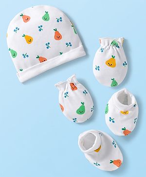Babyhug 100% Cotton Knit Cap Mittens & Booties Set with Tropical Theme Print White - Diameter 15 cm