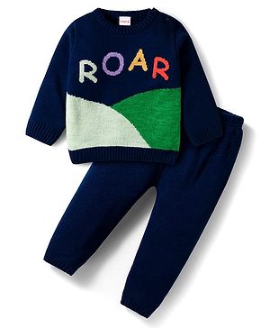 Babyhug Knitted Full Sleeves Sweater Set With Roar Design - Navy Blue