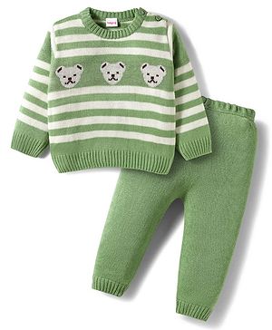 Babyhug Knitted Full Sleeves Sweater Set With Teddy Bear Design - Green