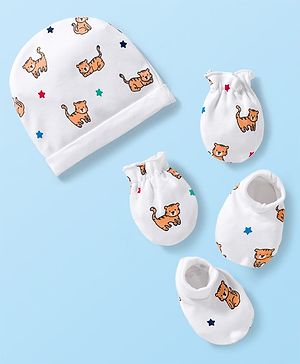 Babyhug 100% Cotton Knit Cap Mittens & Booties Set with Tiger Print White - Diameter 16 cm