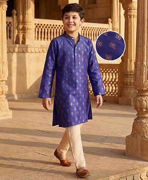 Pine Kids Woven Full Sleeves Kurta Pajama Set With Floral Foil Print - Royal Blue