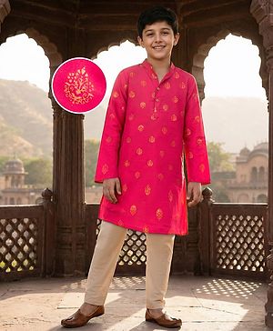 Pine Kids Woven Full Sleeves Kurta Pajama Set With Floral Foil Print - Red