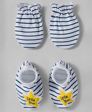 Babyhug 100% Cotton Interlock Knit Mittens & Booties Set With Stripes - Navy Blue