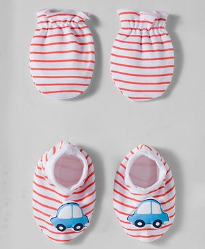 Babyhug 100% Cotton Interlock Knit Mittens & Booties Set With Vehicle Print - Red