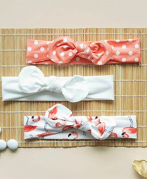 Kicks & Crawl Set Of 3 Bow Applique Detailed Polka Dots & Flamingos Designed Headband - Multi Colour