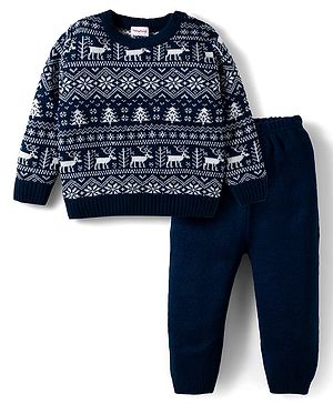 Babyhug Knit Full Sleeves Pullover Sweater Set with Aztec Design - Navy Blue