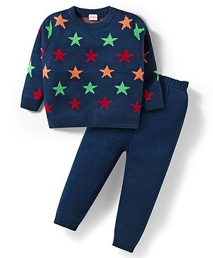 Babyhug Knit Full Sleeves Sweater & Pant Set With Star Design - Navy Blue