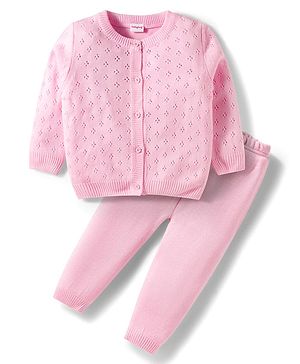 Babyhug Cotton Knit Full Sleeves Front Open Sweater Set - Pink