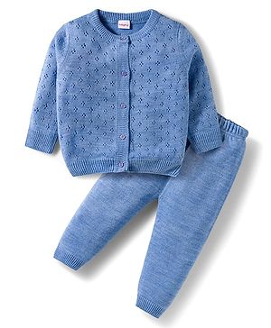Babyhug Cotton Knit Full Sleeves Front Open Sweater Set - Blue