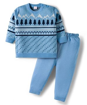 Babyhug Knit Full Sleeves Pullover Sweater Set With Tree Design - Navy Blue