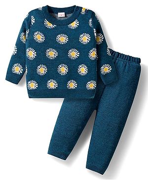 Babyhug Knit Full Sleeves Sweater Set with Floral Design -  Teal Blue
