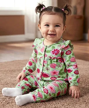 Babyoye Cotton Knit Full Sleeves
                              Romper With Floral Print - Green