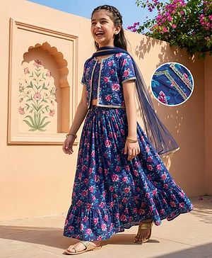 Pine Kids Woven Half Sleeves Floral Printed Choli Lehenga & Dupatta Set - Blue