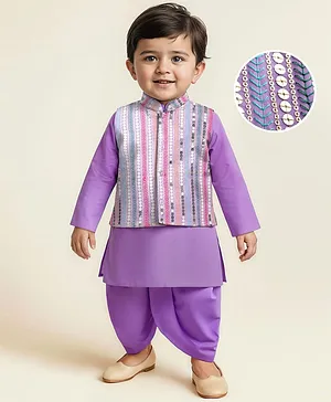 EARTHY TOUCH Woven Full Sleeves Kurta Dhoti & Jacket Set With Sequin Detailing & Embroidery - Purple