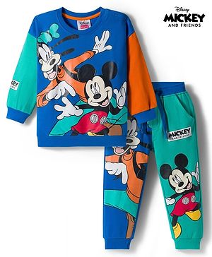 Babyhug Disney Terry Knit Full Sleeves Co-ords Sweatshirt & Lounge Pant Set with Mickey & Friends Graphic - Multicolor