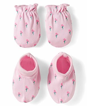 Babyhug 100% Cotton Mittens & Booties With Floral Print - Pink