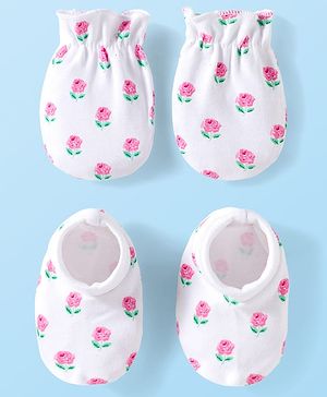 Babyhug 100% Cotton Knit Mittens & Booties Set with Floral Print - White