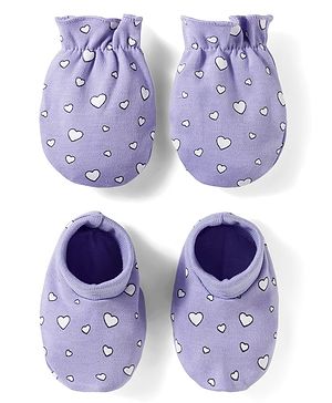 Babyhug 100% Cotton Knit Mittens & Booties Set with Heart Print - Lavender