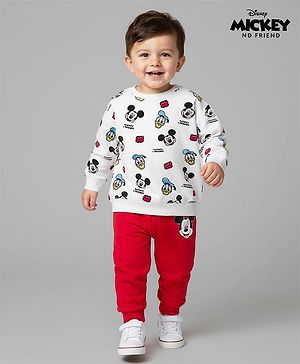 Babyhug Disney Terry Knit Full Sleeves Sweatshirt and Track Pant Set with Mickey Mouse Graphic - White & Red