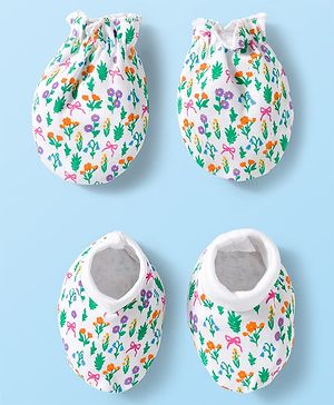 Babyhug 100% Cotton Knit Mittens & Booties With Floral Print - White