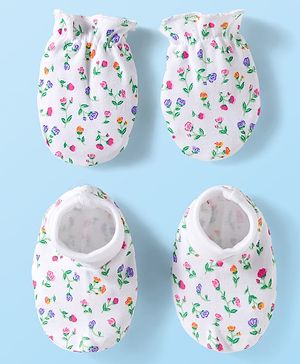Babyhug 100% Cotton Knit Mittens & Booties Set with Floral Print - White