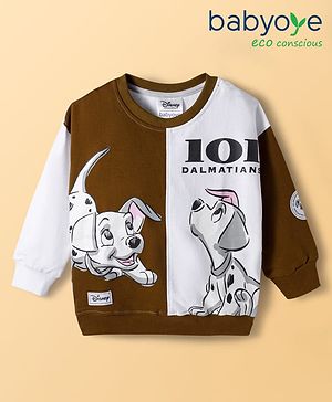Babyoye Disney Terry Knit Full Sleeves Drop Shoulder Cut & Sew Pullover Sweatshirt with 101 Dalmatians Graphic & Badge Detailing - Brown & White