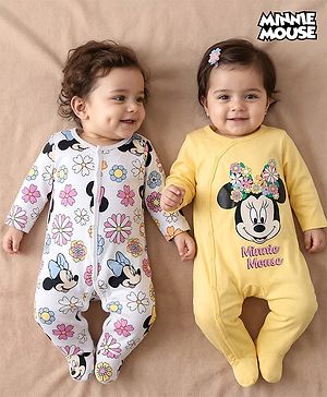 Babyhug Disney Interlock Knit Full Sleeves Footed Sleepsuit With Mickey & Friends Graphics Pack Of 2 - Yellow & White