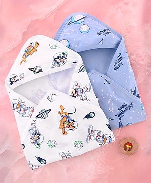 Babyhug Disney Interlock Knit Hooded Towel with Mickey & Friends Print L 76 x B 76 cm Pack Of 2 - White & Lavender