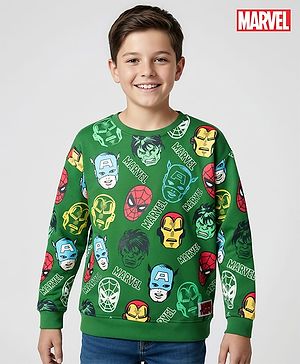 Pine Kids Marvel Terry Knit Drop Shoulder Full Sleeves Sweatshirt With Avengers Print - Green