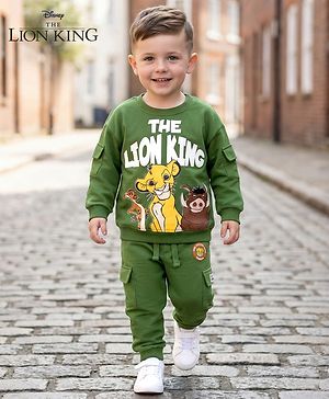 Babyhug Disney Terry Knit Full Sleeves Sweatshirt and Track Pant with Lion King Graphic & Badge Detailing - Olive Green