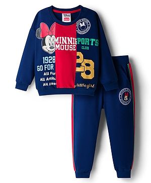 Babyhug Disney Terry Knit Full Sleeves Cut & Sew Sweatshirt & Track Pant Set With Minnie Graphics - Navy Blue