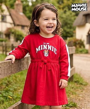 Babyhug Disney Terry Knit Drop Shoulder Full Sleeves Oversized Dress With Minnie Mouse Graphics - Maroon