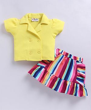 M'andy Waffle Woven Half Puffed Sleeves Textured Shirt Style Top & Striped Skirt Set - Yellow