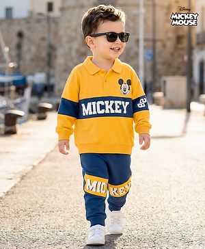 Babyhug Disney Terry Knit Full Sleeves Cut & Sew Polo T-Shirt & Lounge Pant Set with Mickey Mouse Graphics - Yellow