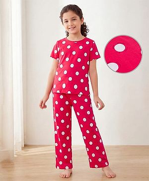 Pine Kids Single Jersey Knit  Half Sleeves Capri Co-Ord Night Suit with Polka Dots - Red