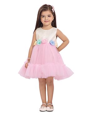 Tiny Kingdom Net Woven Sleeveless Floral Applique Detailed Dress - Pink