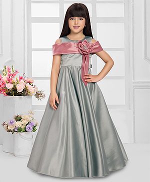 Tiny Kingdom Satin Woven Cold Shoulder Sleeves Floral Applique Detailed & Rhinestones Embellished Gown - Grey