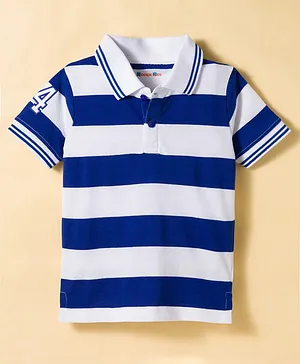 Kookie Kids Cotton Knit Half Sleeves Striped Polo T-Shirt - Blue