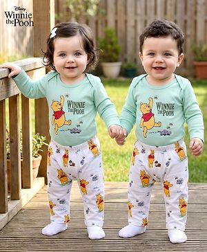 Babyhug Disney Interlock Knit Full Sleeves Onesie with Leggeing Set & Winnie the Pooh Graphic - Sea Green & White